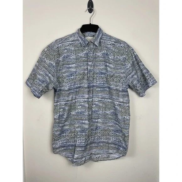 Banana Republic Safari Shirt Men Medium Blue Geometric Tribal Button Down Travel - Picture 2 of 6